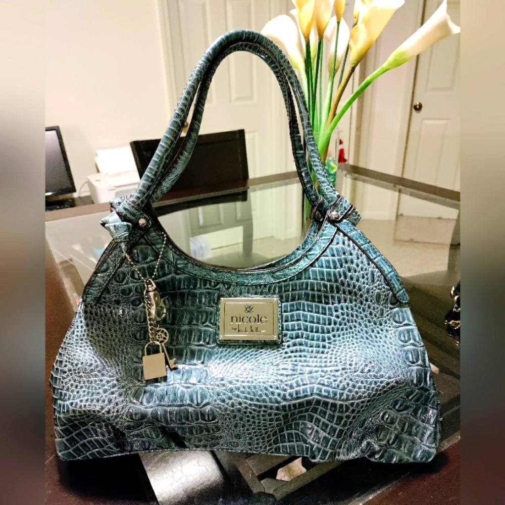 Nicole Miller Blue Crocodile Embossed Handbag